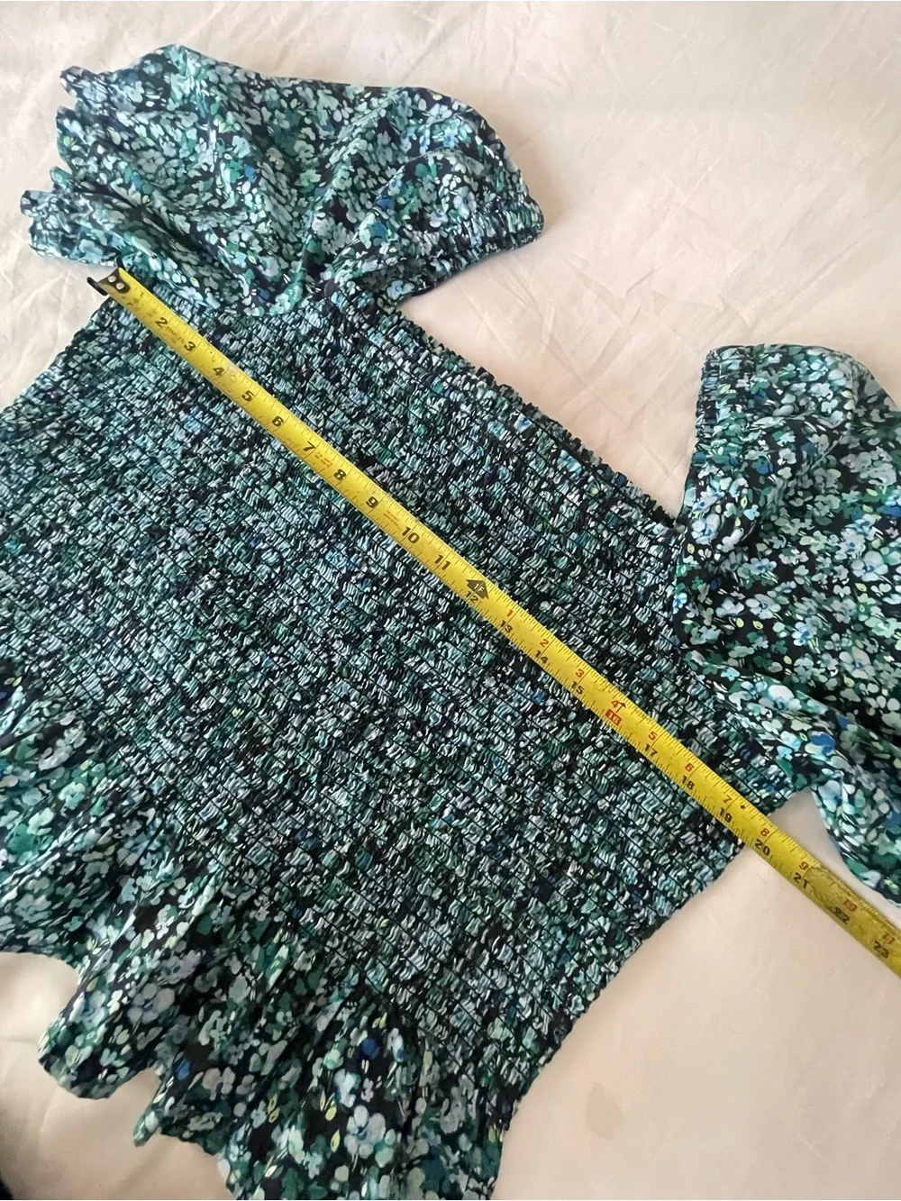J. Crew Teal and Black Smocked Square-Neck Puff Sleeve Blouse